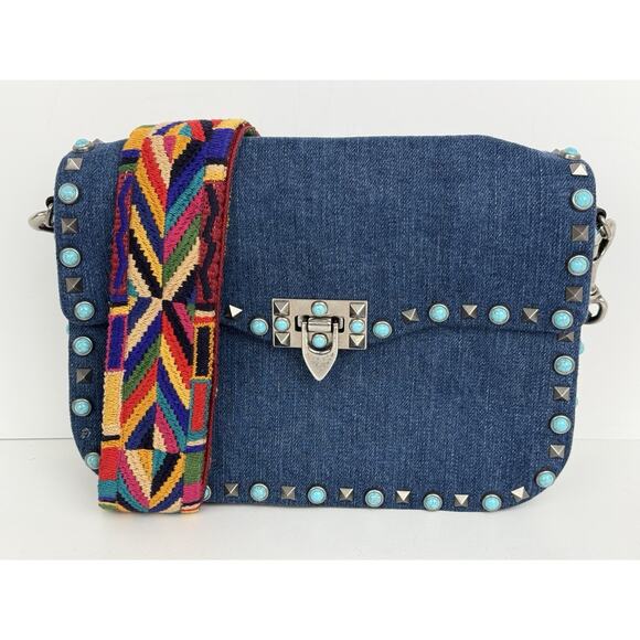 Valentino Rolling Rockstud Denim and Leather Shoulder Bag with Multicolor Strap - Picture 2 of 16